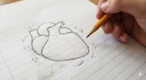 Pencil sketch on lined notebook paper showing the first step of drawing a human heart: a simple, rough outline shaped like a tilted mango or clenched fist