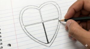 Step 2 of the heart drawing process on notebook paper, showing the interior divided into four chambers by a thick vertical septum and a horizontal line, resembling a simple floor plan