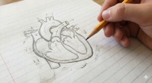 Pencil drawing of a human heart with 'plumbing' added, featuring the large aortic arch at the top and pulmonary artery tubes connecting to the chambers
