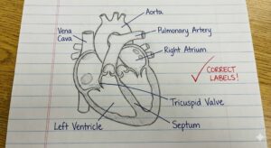 Completed pencil diagram of the human heart on a student's notebook, fully labeled with 'Aorta,' 'Vena Cava,' and 'Ventricles,' marked with a red teacher's checkmark saying 'CORRECT LABELS!'