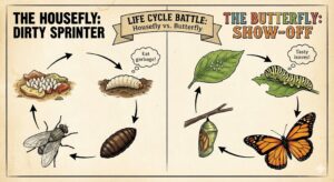 Life cycle of a Housefly vs. Butterfly