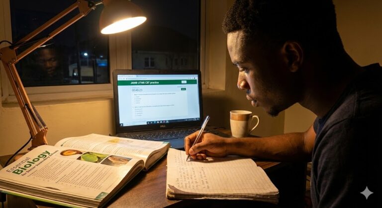 Student practicing CBT past questions for JAMB mathematics and physics exams.